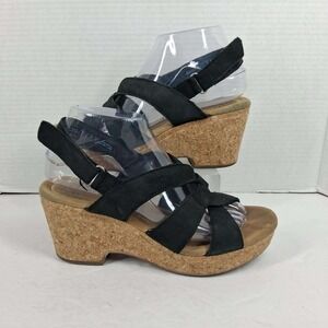 Clarks Collection Black Strappy Cork Wedge Sandals Ultimate Comfort Womens 8.5 M